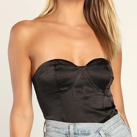 Lulus Tops - NWT Lulu’s Sultry Sweetie Black Strapless Satin Bustier Bodysuit Size Small